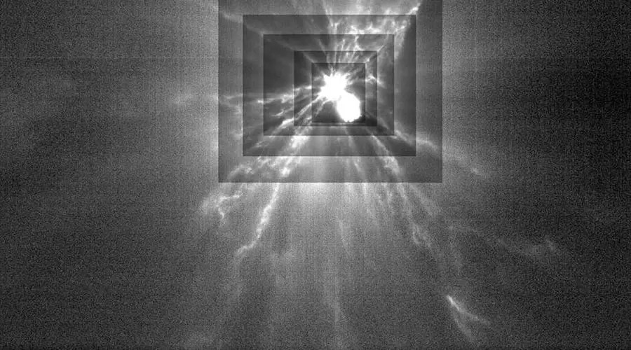 This image, taken by the LICIACube satellite, shows the plumes of debris ejected from the Dimorphos asteroid after it was struck by the DART spacecraft. Each rectangle represents a different level of contrast.