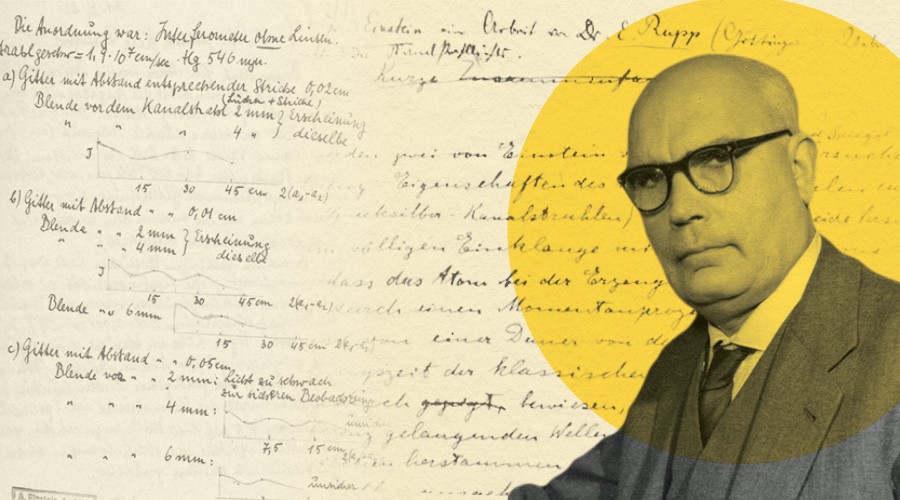Creative composite image of two historic documents and a photo of Emil Rupp.