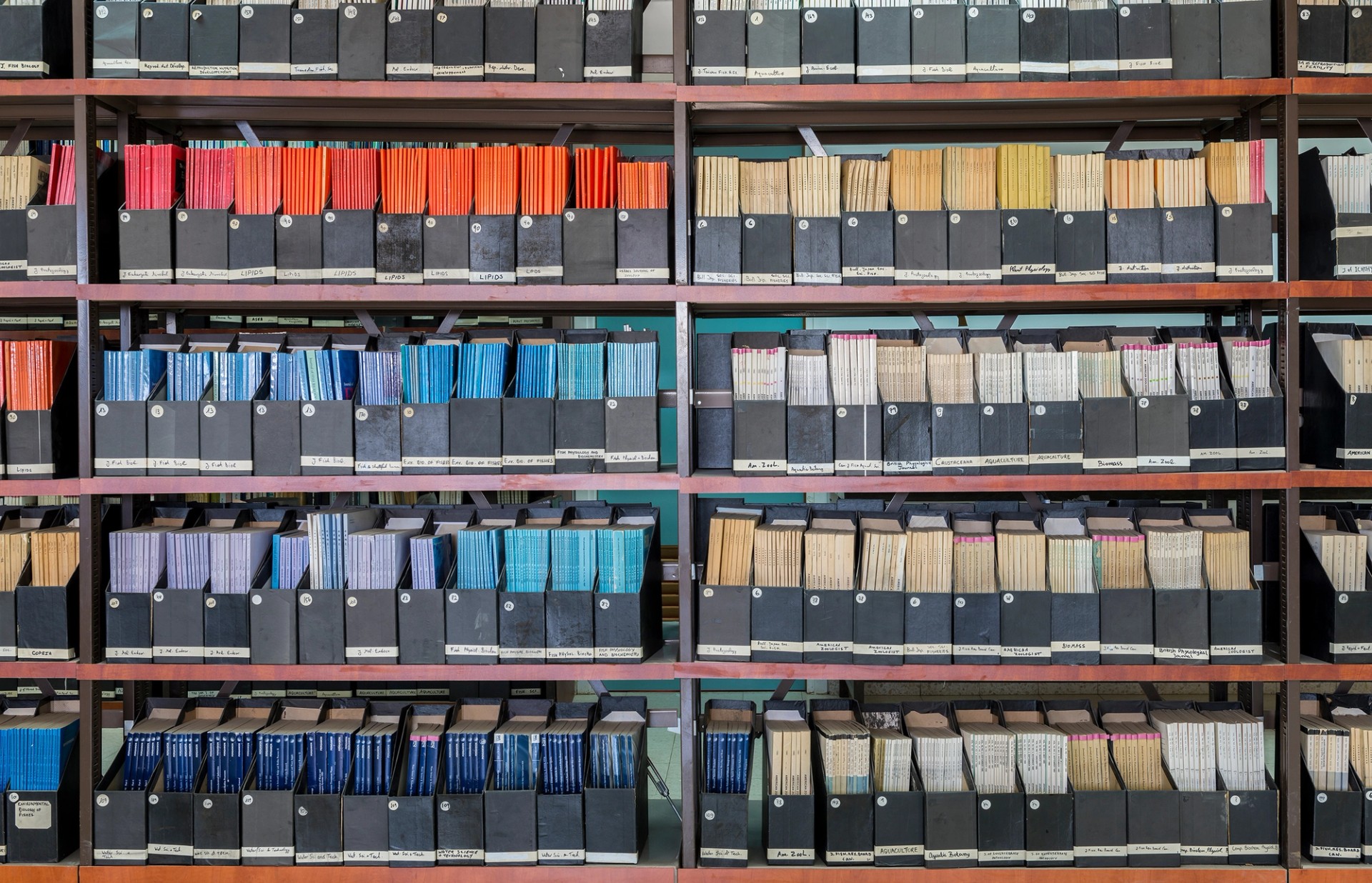 Photo of a library's old scientific journals aisle.