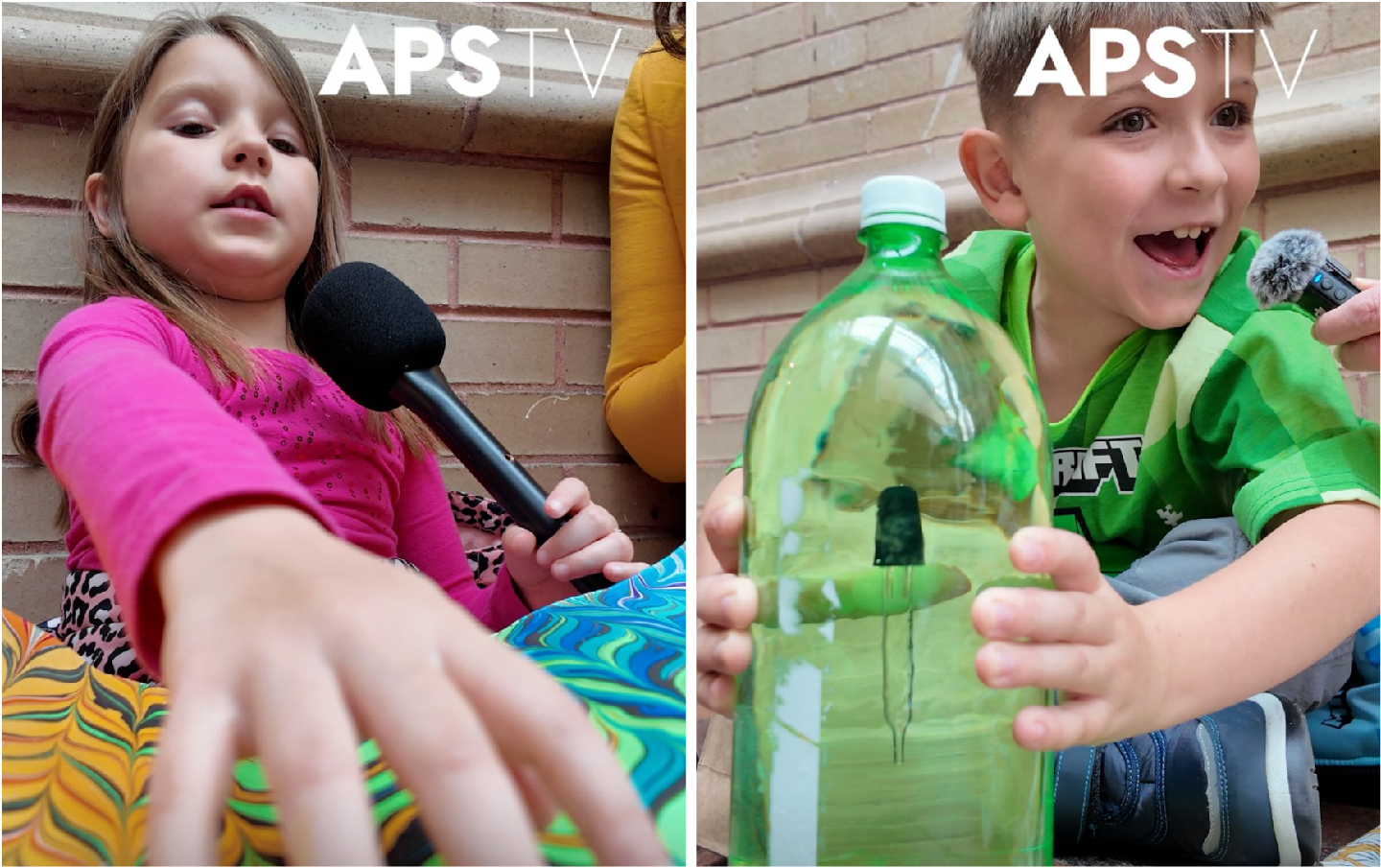 Two photos show one child each at Squishy Science Sunday: A girl, showing off a piece of art, speaks into a microphone during an APS TV interview, while a boy proudly displays a water bottle experiment.