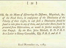 Title and excerpt from Michell’s 1783 paper in which he first described the concept of a “dark star.”