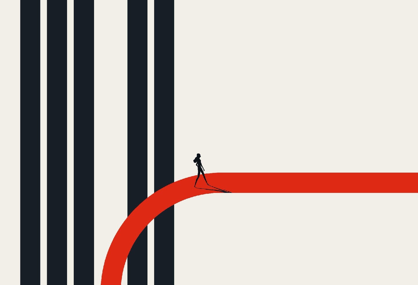 An illustration shows five vertical black lines. In the middle of them, a red line diverges sharply; the silhouetted figure of a woman walks along it.