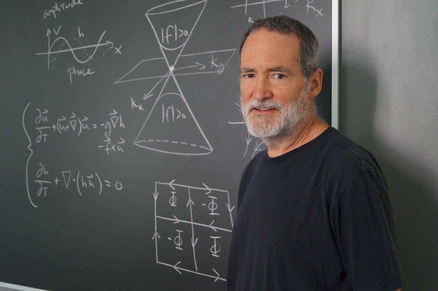 Brad Marston stands in front of a blackboard with equations on it.