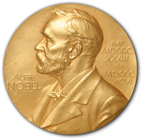 A golden coin featuring Alfred Nobel
