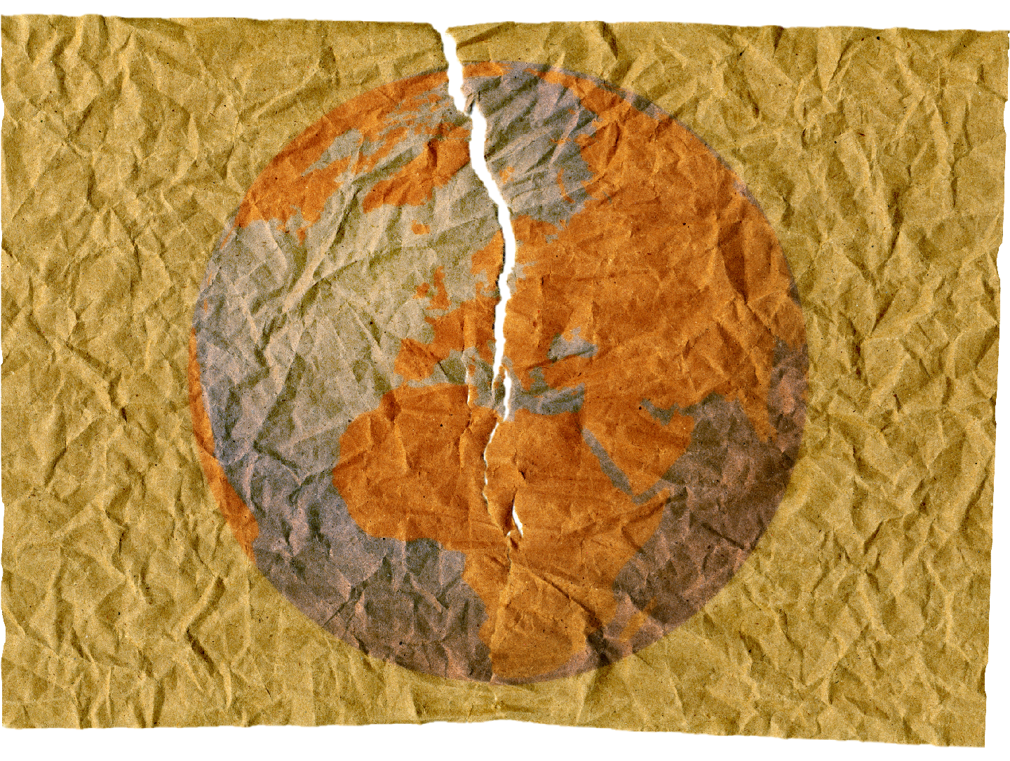 A crinkled, old-looking piece of paper showing an orange-and-blue drawing of the world. The paper has been partially ripped in half.