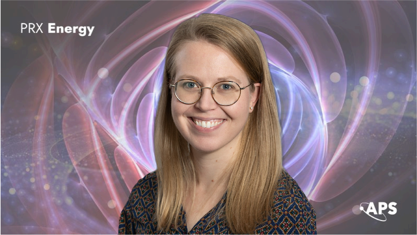 A headshot of Maggie Hudson, with the colorful design of PRX Energy in the background.
