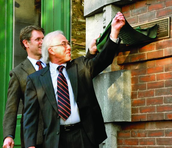 Unveling the plaque at the Wilder Physical Laboratory