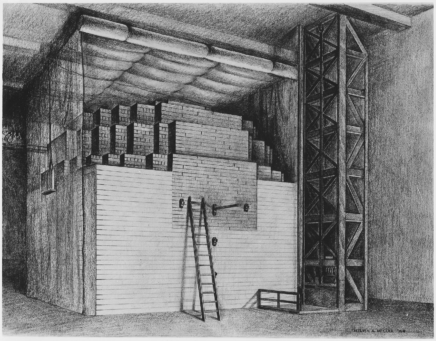 Black-and-white illustration of rectangular brick-like structures arranged in a cube indoors.