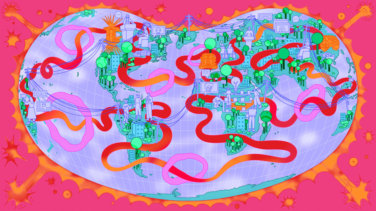 An original illustration showing a vibrant, stylized world map with a pink background. Red and pink ribbons connect locations depicted with small green trees, buildings, and human figures.