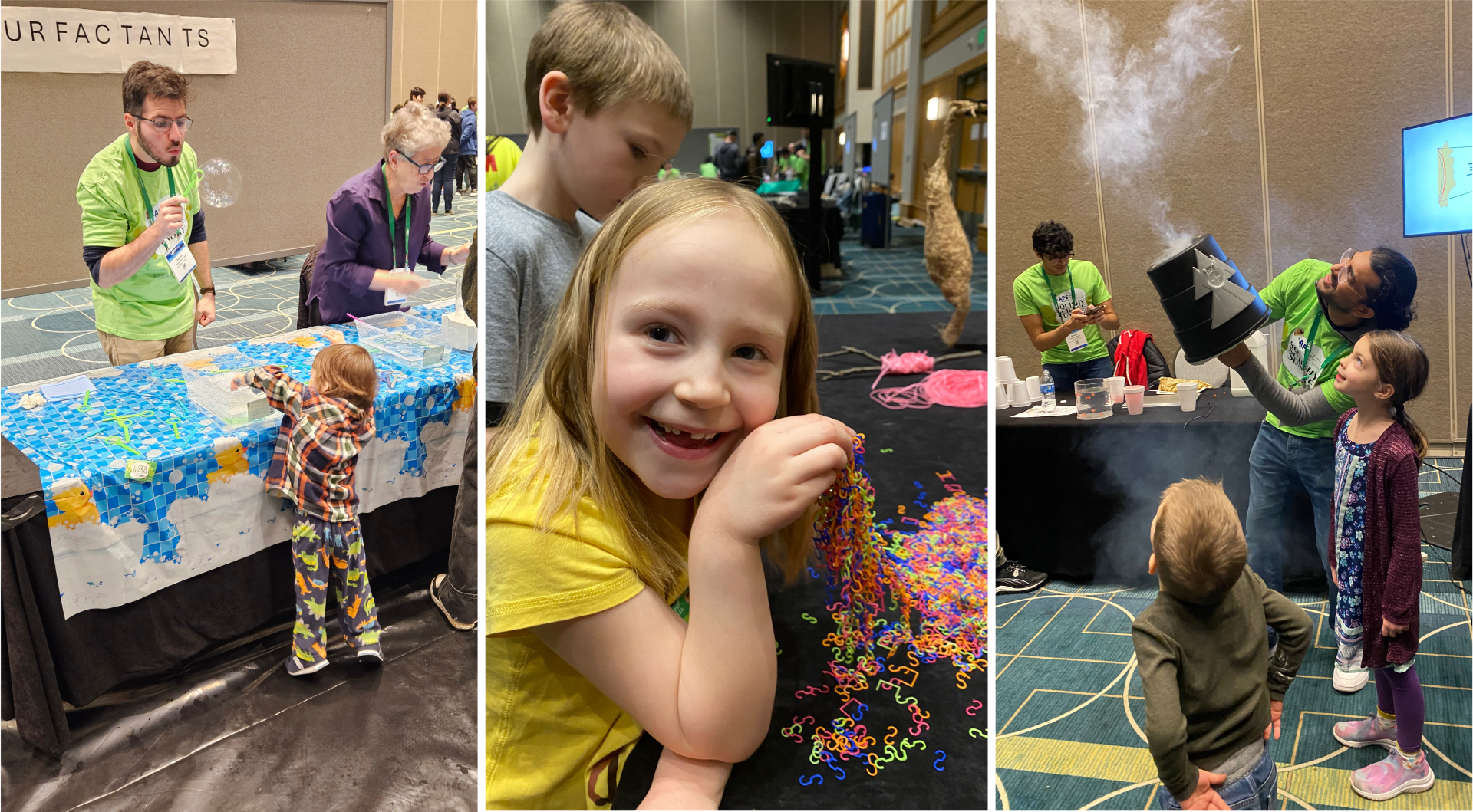 Children and meeting volunteers interact at science booth.
