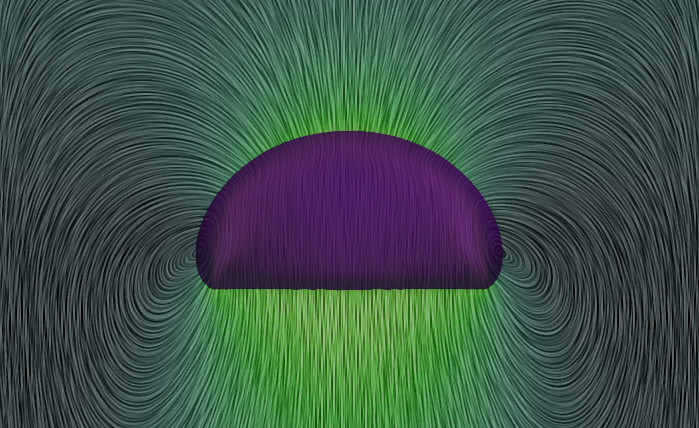 A bubble, appearing as a purple half-crescent, is surrounded by liquid