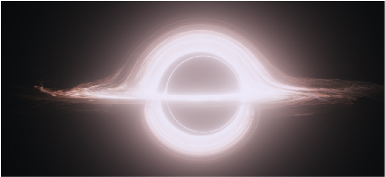 A luminous white ring surrounds a dark circular void, with swirling streams of light stretching horizontally on both sides, creating a dramatic accretion disk against a black background.