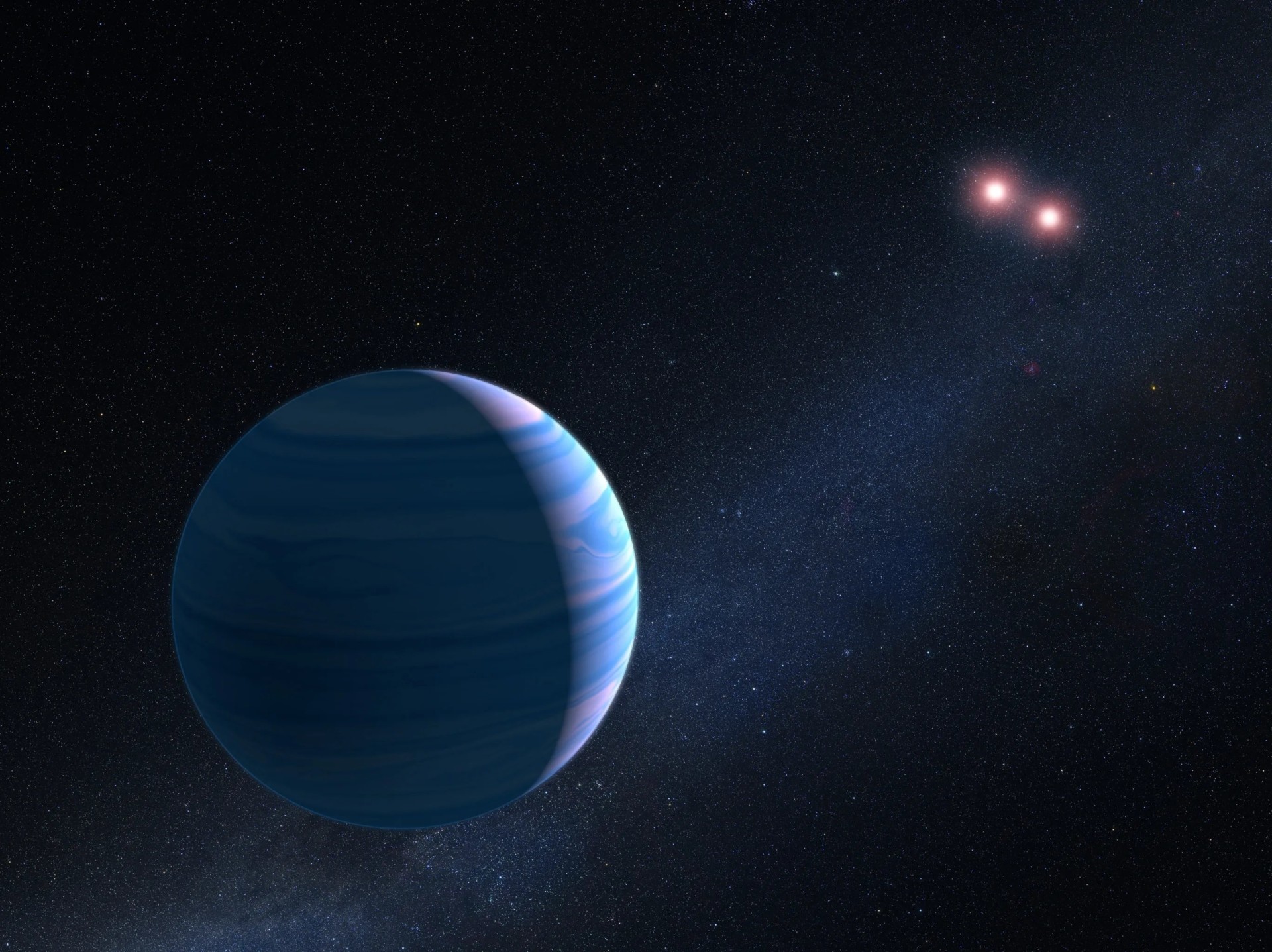 A blue-striped planet dominates the foreground while two reddish stars shine in the distance.