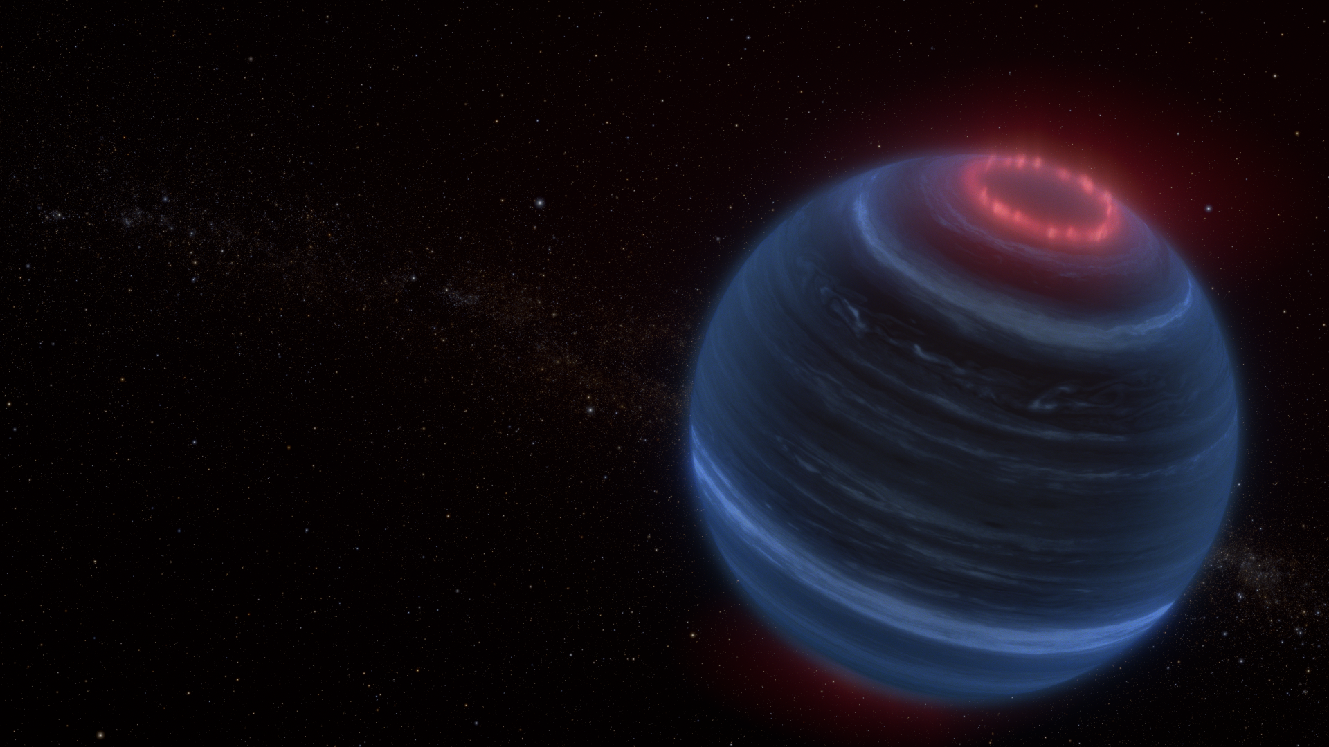 Artist's rendering of a brown dwarf, blue in tone, with a visible aurora on one pole, appearing like a bumpy red ring.