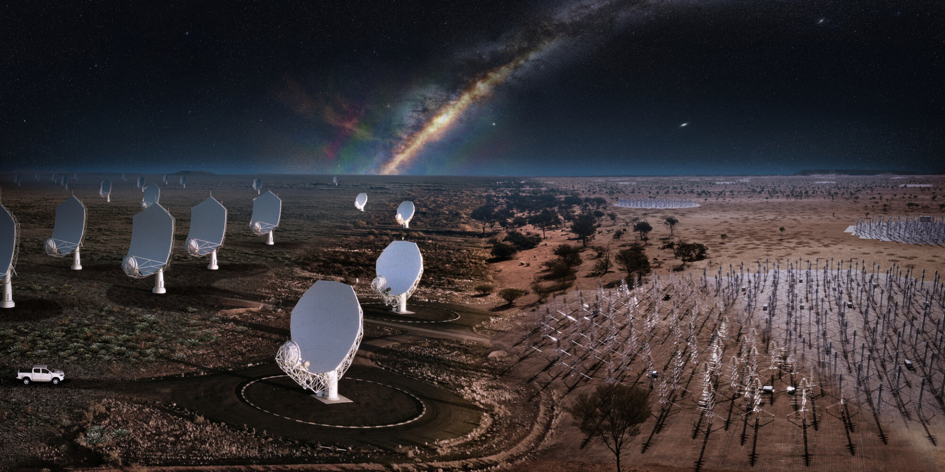 Large dish antennas and smaller antenna arrays stretch across the dry, flat terrain.