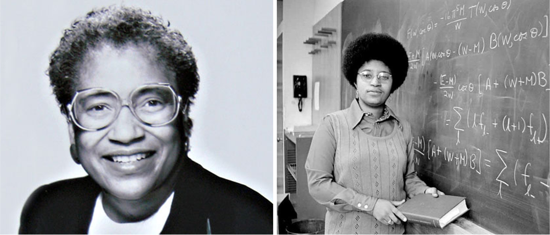 Two black-and-white photos side-by-side. On the left, a portrait of a smiling Willie Hobbs Moore. On the right, Shirley Ann Jackson, holding a book in front of a blackboard covered with equations.