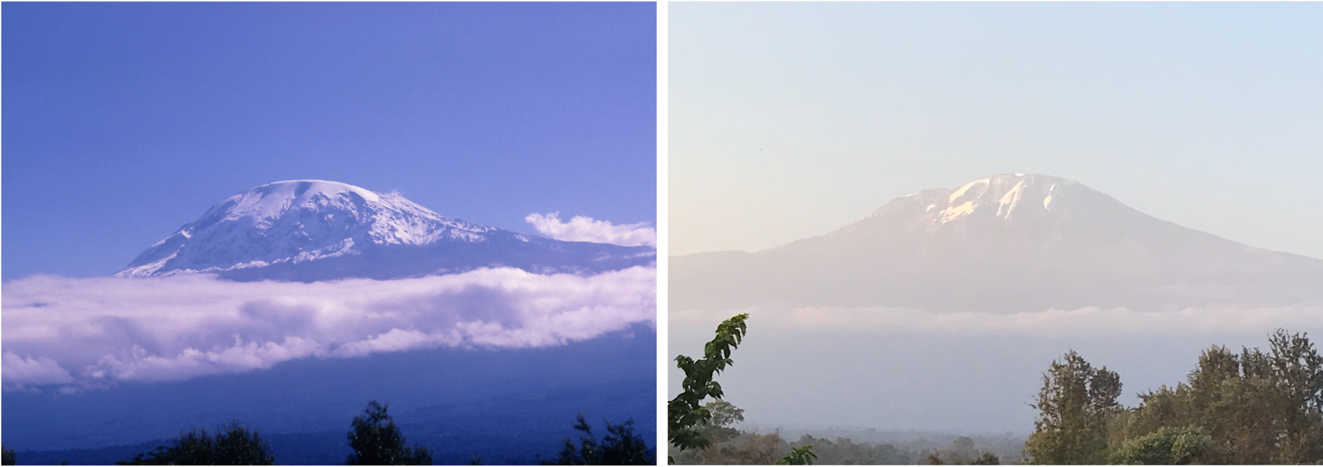 Two photos of Mount Kilimanjaro from a distance