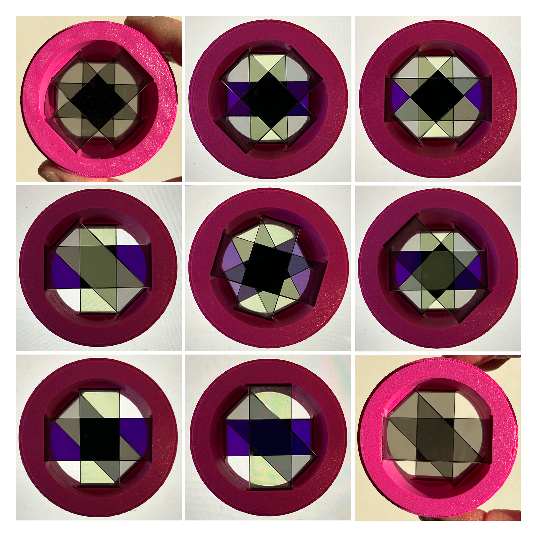 A 3x3 grid of images showcasing a pink circular object