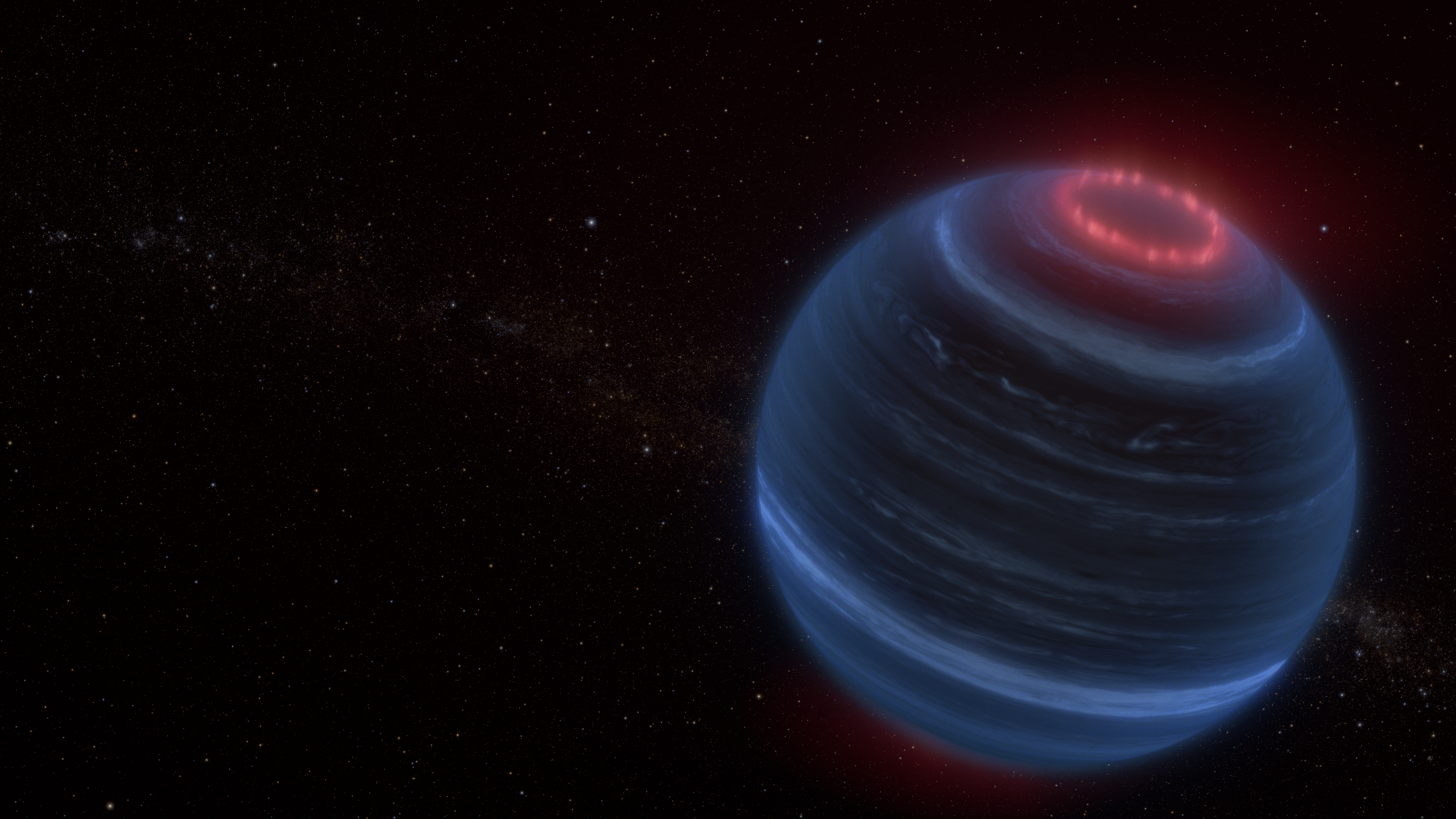 Artist's rendering of a brown dwarf, blue in tone, with a visible aurora on one pole, appearing like a bumpy red ring.